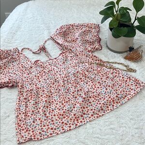 Old Navy White and Red Flutter Sleeve Smocked Blouse